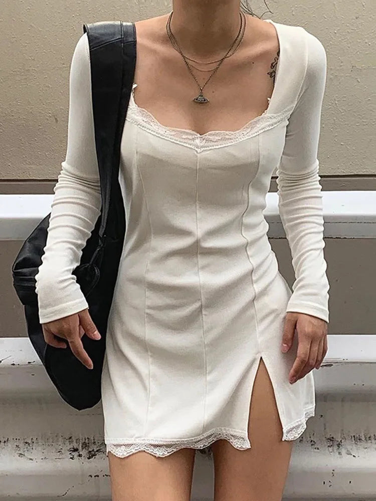 Autumn Spring Women Sexy Lace Patchwork Long Sleeve Split Dress Hip Package Mini Vestido Party Club Low Chest Outfits Cloth