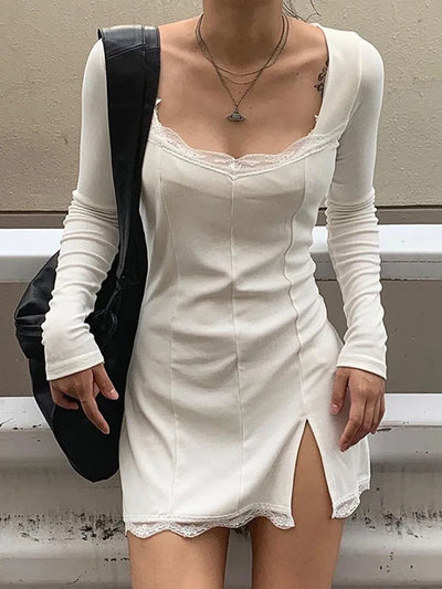 Autumn Spring Women Sexy Lace Patchwork Long Sleeve Split Dress Hip Package Mini Vestido Party Club Low Chest Outfits Cloth