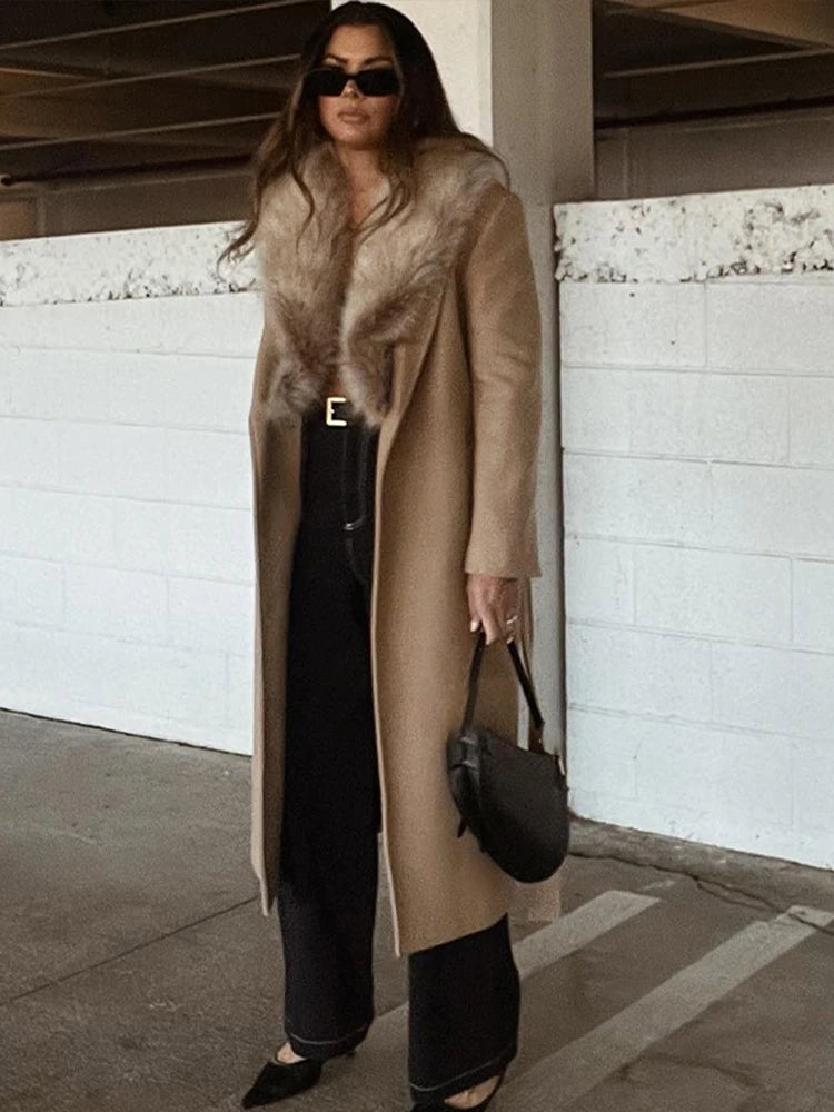 Elegant Fur Lapel Long Coat Women With Belt Woolen Full Sleeve Lace Up Loose Thicken Overcoat 2025 Spring Solid Pocket Outwear