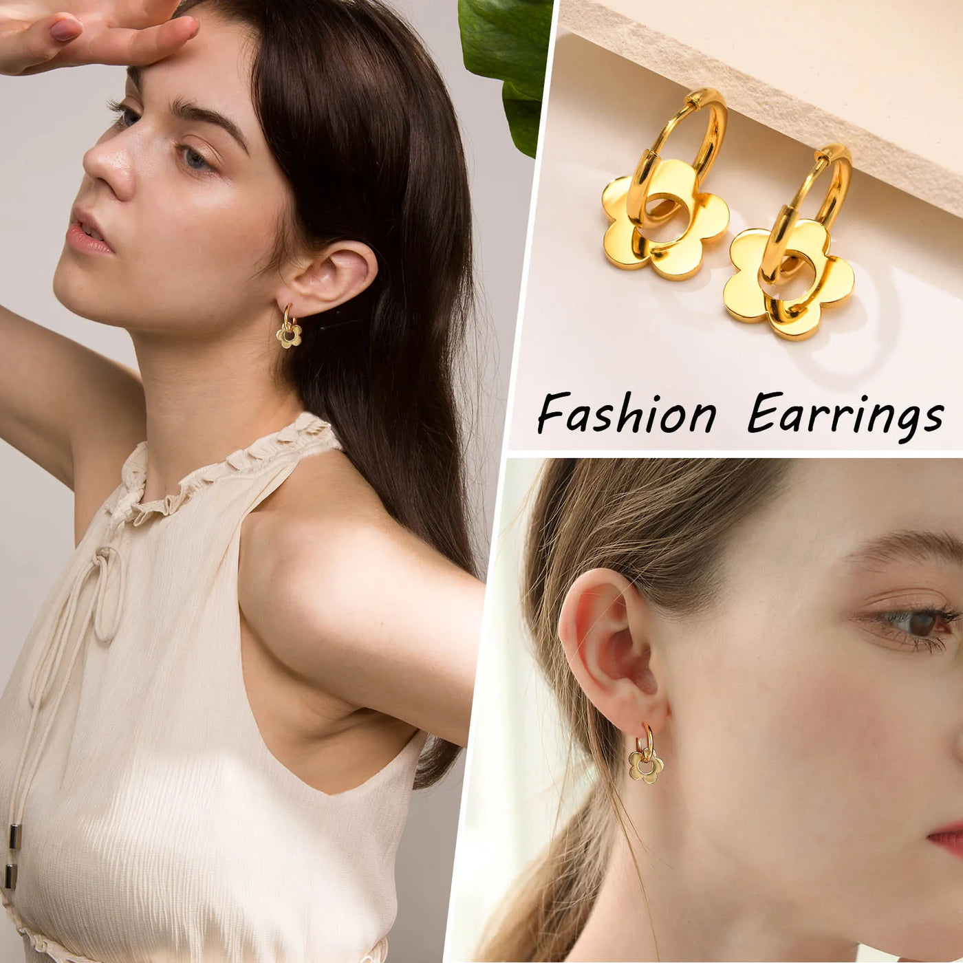 Gold Color Flower Earrings, Stainless Steel Huggie Hoop Earrings, Hypoallergenic Retro Style Bohe Ear Jewelry