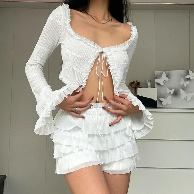 Hot Sale Women's Dress Sets for 2024 Autumn featuring Sexy V-Neck Knitted Cardigan and Sweet Lotus Leaf Hem Shorts