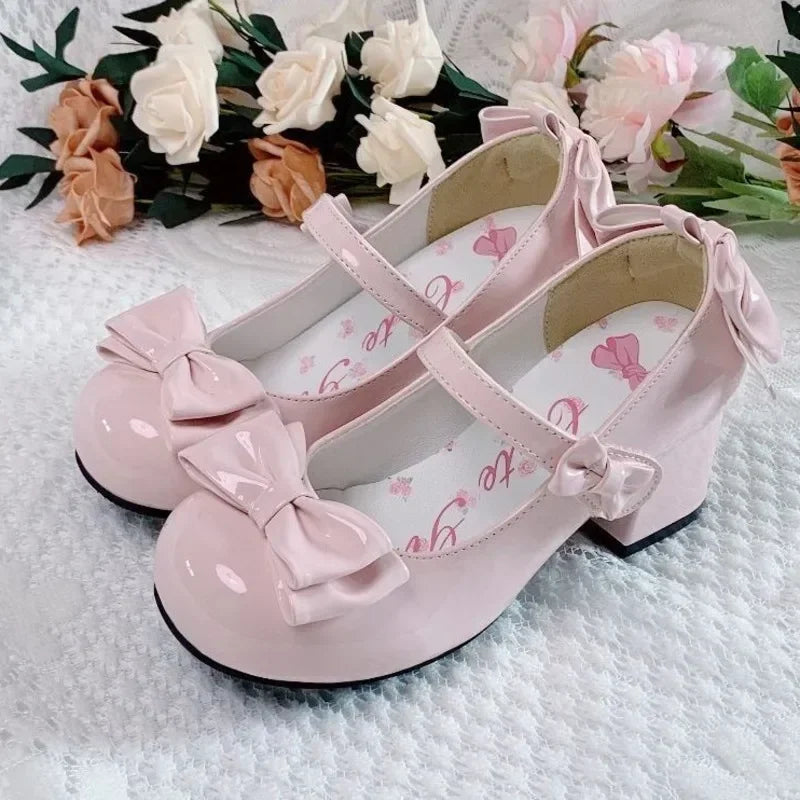 2024Lolita Style Cute Round Head  Jane Pumps With Bow Women's Sweet Party Dress Midi Heels Shoes Fashion PU Sandals