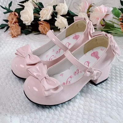 2024Lolita Style Cute Round Head  Jane Pumps With Bow Women's Sweet Party Dress Midi Heels Shoes Fashion PU Sandals