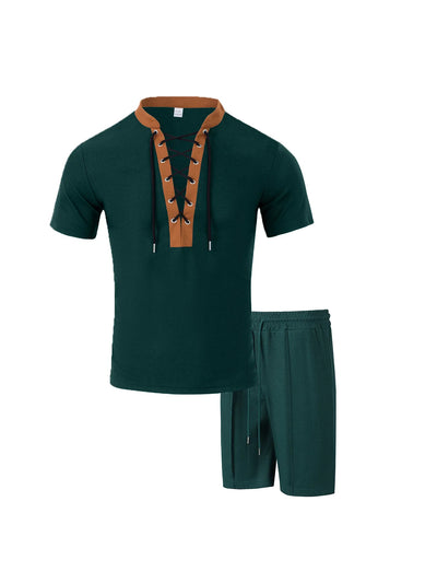 The 2025 men's new waffle checkered round-neck fashionable top, a two-piece casual suit with a rope short sleeve and shorts