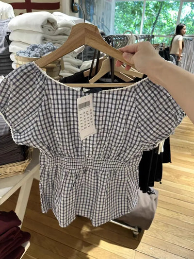 Lace Three-button Plaid Puff Sleeve Short Sleeve T-shirt Women's Summer Sweet Preppy Style Slim Shirt V-neck Short Tops Y2k