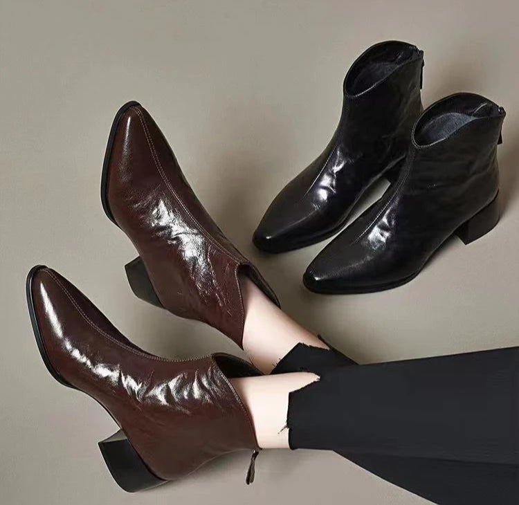 Female Short Shoes Pointed Toe Brown Fur Leather Booties Elegant with Medium Heels Women's Ankle Boots Sale Y2k Autumn Chic Boot