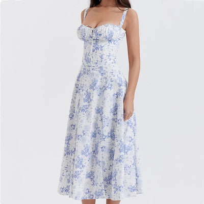 2023 Sexy Ruched Chest Blue White Flower Print Corset Style Sling Dress Cross Lacing up Bandage Back Hem Slit A-Lined Midi Robe