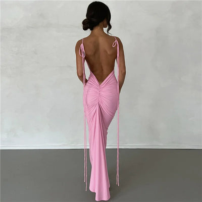 Summer sexy pleated solid color strap with perspective high slit backless sleeveless long skirt