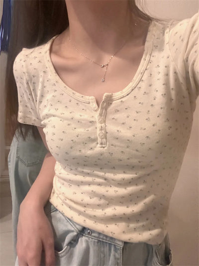 Y2k Short sleeve Sexy U Collar Floral Print Lace Slim T-shirt 2025 Summer Women Clothing Floral Slim Shirt Button T-shirt Top