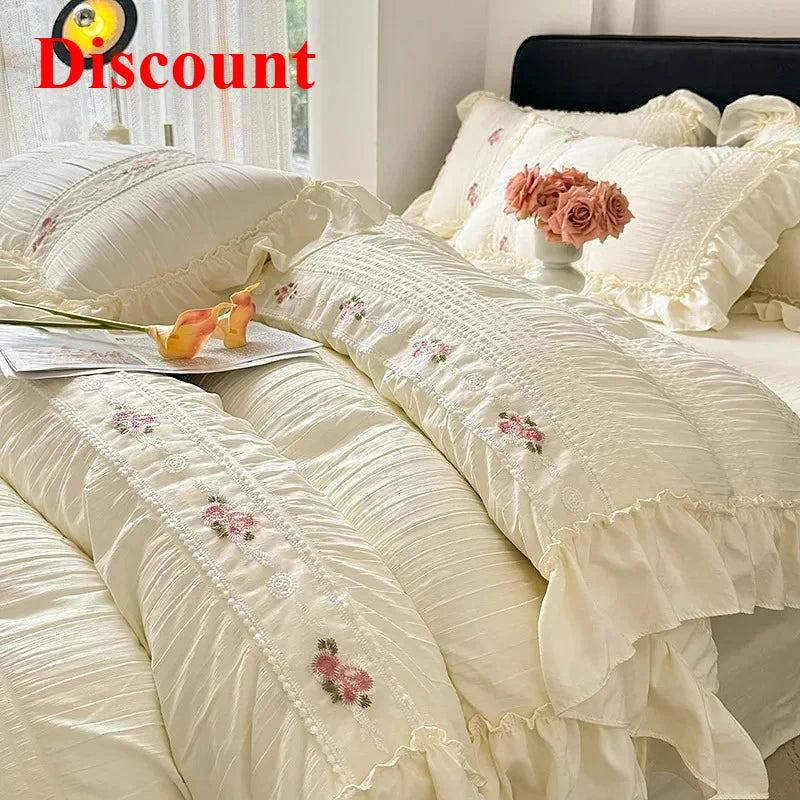2025 Korean Princess Style Lace Ruffles Wedding Bedding Set Washed Cotton Soft Duvet Cover Set Bed Sheet Pillowcase 3/4Pcs