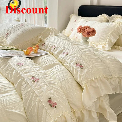 2025 Korean Princess Style Lace Ruffles Wedding Bedding Set Washed Cotton Soft Duvet Cover Set Bed Sheet Pillowcase 3/4Pcs