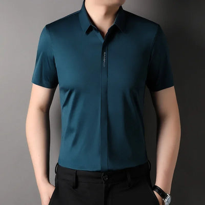 Summer New High-grade Hidden Button Men's Light Luxury Short Sleeve Shirts Men High Elastic Business Anti-wrinkle Ice Silk Shirt