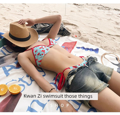 Y2g Young Adult Sweet Cool Sexy Cherry Print Tiffany Blue Bikini Sexy Little Chest Gathered Vacation Swimsuit Women