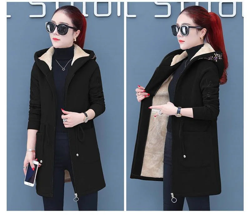 Plus Velvet Thicken Lamb Plush Coat Female 2024 New Autumn And Winter Parka Lace-Up Of Hooded Loose Long Trench Coat Embroid LA