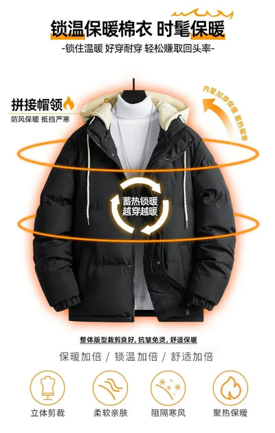 New Solid Color Hooded Collar Male Windbreak Cotton Padded Down Jacket Warm Thick Men Parka Winter Casual Mens Outwear Parkas