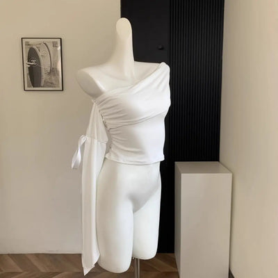 2025 New Sexy Off Shoulder Tops Women Ruffle Sleeve Asymmetric Slim Fit Short Sleeve T-Shirt Y2K Summer Fashion Elegant Clothes