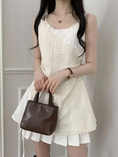 Hot Girl Korean Style Drawstring Lace-up Waist Lace Short Suspender Dresses + White Inner Wear Bottoming Sling Top Two-piece Set