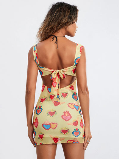 Women's Summer Bodycon Dress Sleeveless Square Neck Heart Print Mini Dress Tie Back Dress