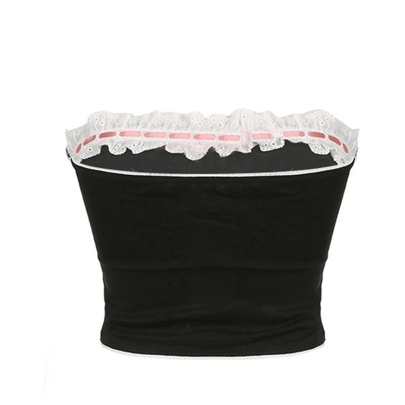 Xingqing y2k Off Shoulder Top Women Fairy Grunge Clothes Summer Sleeveless Lace Trim Patchwork Strapless Tshirt 2000s Streetwear