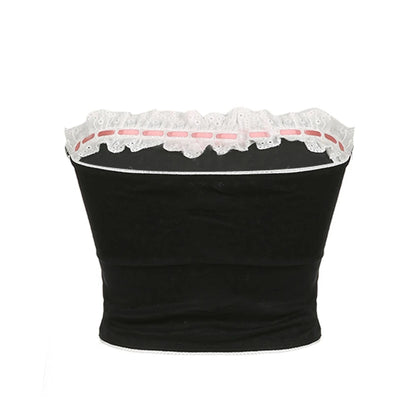 Xingqing y2k Off Shoulder Top Women Fairy Grunge Clothes Summer Sleeveless Lace Trim Patchwork Strapless Tshirt 2000s Streetwear