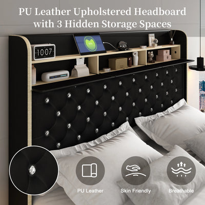 LED Bed Frame with Galaxy Star Projector, 2 Drawers, 52" PU Headboard with Charging Station, Noise Free, No Box Spring