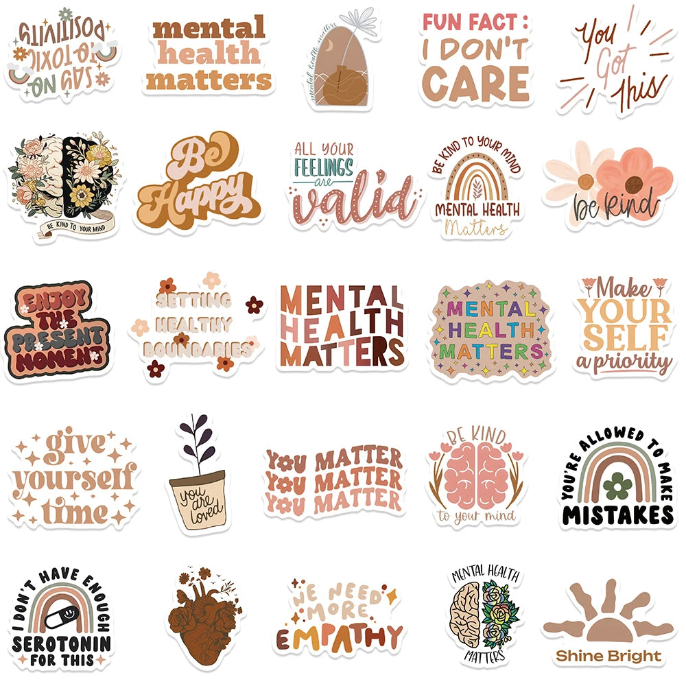 50pcs Boho Mental Healthy Stickers Aesthetic Decals For Laptop Luggage Skateboard Water Bottle Notebook Waterproof Vinyl Sticker