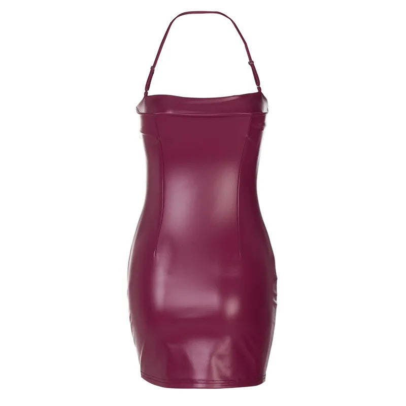 Shestyle Halter Sexy Mini Dress Women Sleeveless 2025 Spring Sheath Solid PU Leather Summer Outfits Hot Clubwear Spaghetti Strap