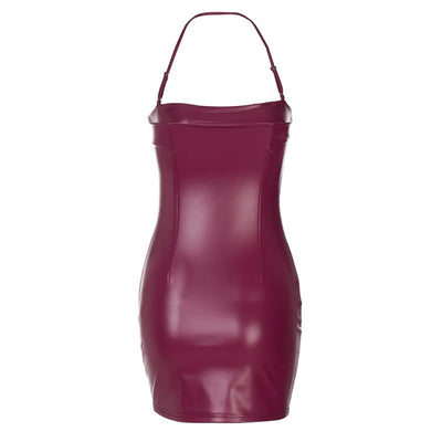 Shestyle Halter Sexy Mini Dress Women Sleeveless 2025 Spring Sheath Solid PU Leather Summer Outfits Hot Clubwear Spaghetti Strap