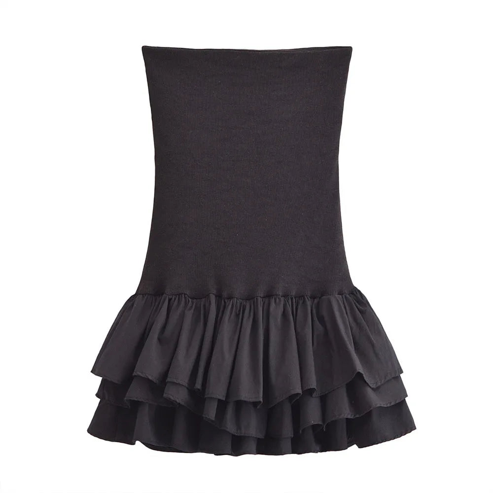 Off Shoulder Strapless Mini Dress Knitted Ruffle Layered Decorative Hem Dress Summer Backless Sexy Daring Party Short Dresses