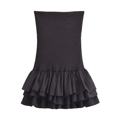 Off Shoulder Strapless Mini Dress Knitted Ruffle Layered Decorative Hem Dress Summer Backless Sexy Daring Party Short Dresses