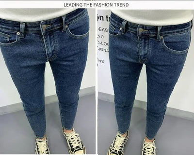 New Men's Slim Denim Jeans Casual Spring and Autumn Stretchy Skinny Pants Korean Style Trendy Cowboy Hip Hop Cropped Trousers