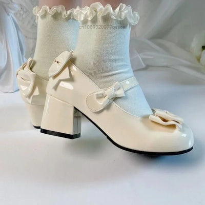 2024Lolita Style Cute Round Head  Jane Pumps With Bow Women's Sweet Party Dress Midi Heels Shoes Fashion PU Sandals