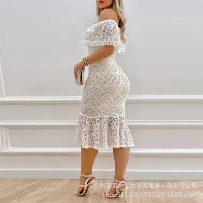Trend White Lace Off-Shoulder Dress Women Sexy High Waist Bodycon Dresses Slash Collar Strapless Solid Color Sheath Midi Dress