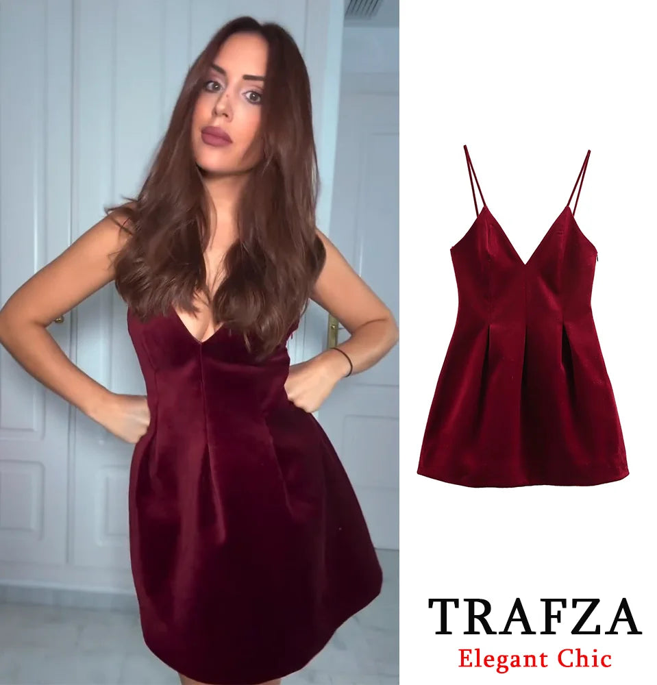 TRAFZA-Women Sexy Velvet Mini Dress Thin Strap Backless Burgundy Dress New 2025 Fashion Date Romantic Party Dress