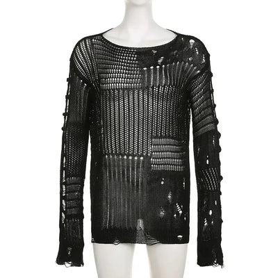 Women's Vintage Gothic Hollow Knit Sweater with Ripped Holes Grunge Y2K Style Thin Long Sleeve Loose Fit Summer Top in Black