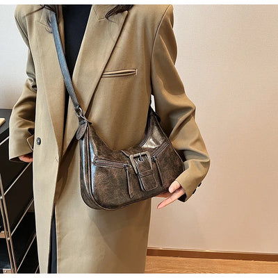 Retro Belt Design PU Leather Shoulder Bags for Women 2024 Y2K Small Vintage Female Underarm Crossbody Bag Fashion Handbags