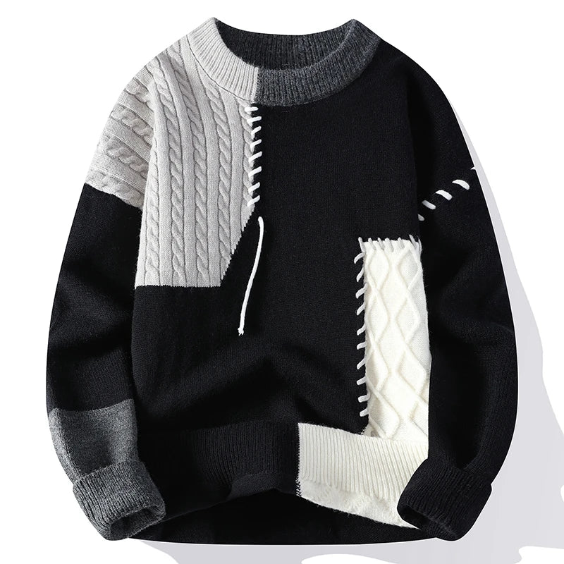 2024 Patchwork Knitted Sweater Trend High Street Autumn Winter Warm Men's Tops Hip-hop Street Clothing Fishing Sports Pullover