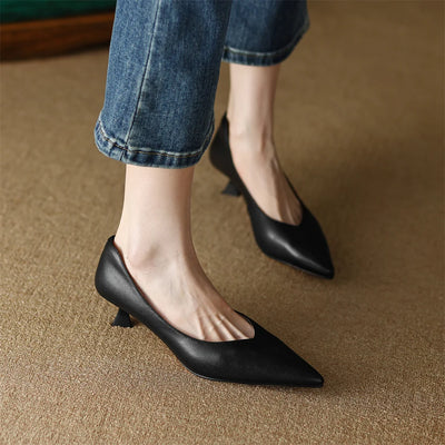 plus size 34-42 women's genuine leather 4.5cm kitten heel pointed toe slip-on pumps elegant ladies low heeled shoes