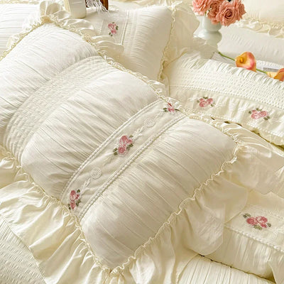 2025 Korean Princess Style Lace Ruffles Wedding Bedding Set Washed Cotton Soft Duvet Cover Set Bed Sheet Pillowcase 3/4Pcs