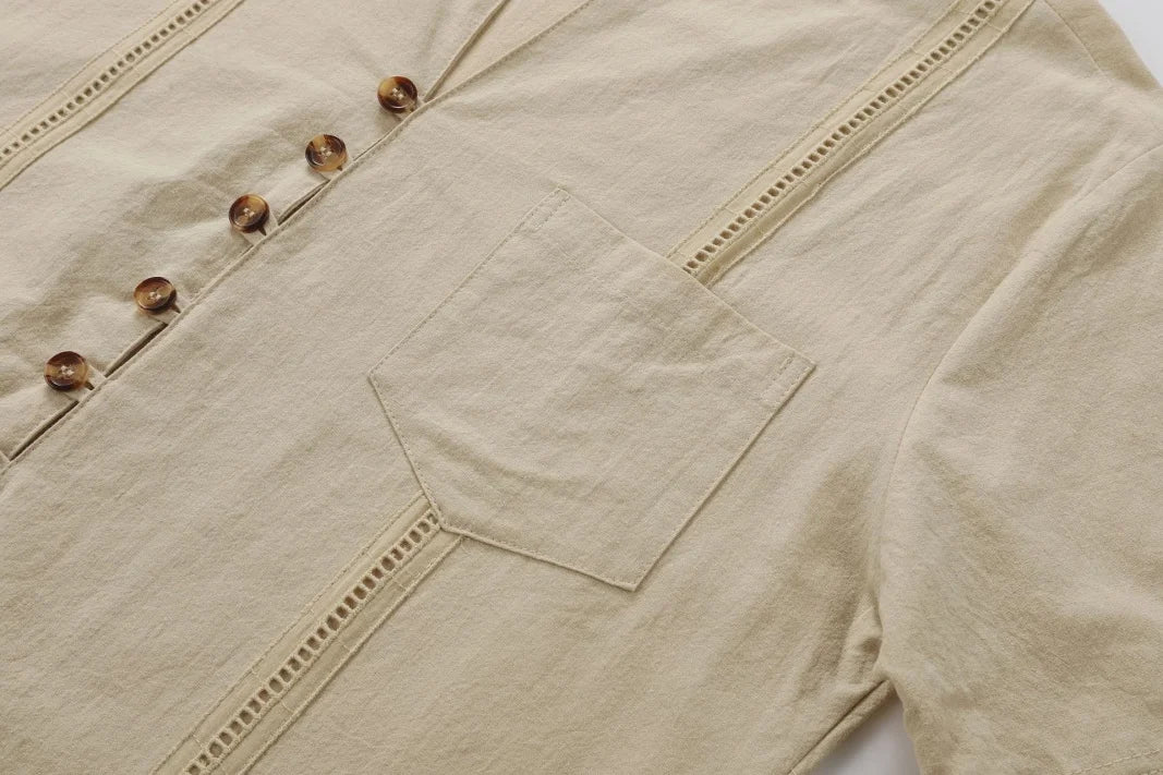 Men's Retro Cotton And Linen Set, Spring And Autumn Fashion Stand-up Collar Pocket Long Pants Long-sleeved Two-piece set