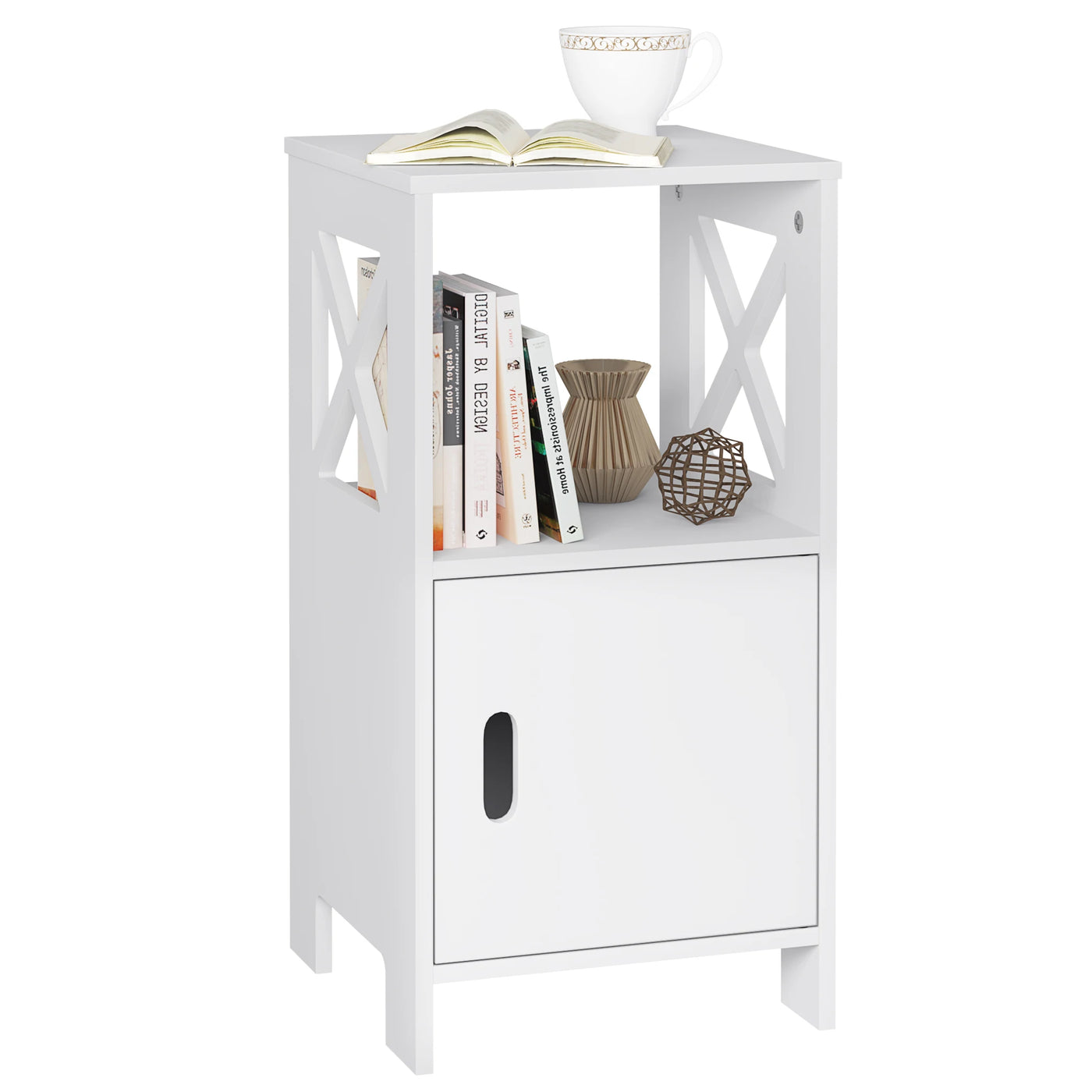 2PCS/SET Modern Nightstand 30x60x30cm Narrow White Bedside Table with 1 Open Compartment Door Cabinet Storage for Bedroom