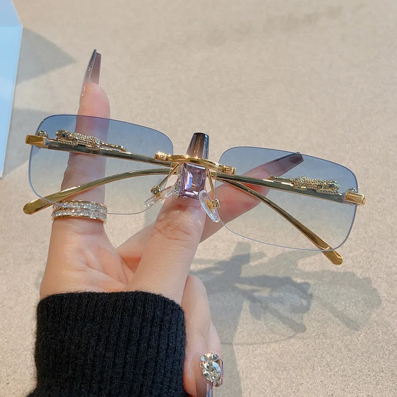 12pcs Brand Leopard Rimless Rectangle Sunglasses Fashion Y2K Frameless Sun Glasses Shades for Women Men UV400