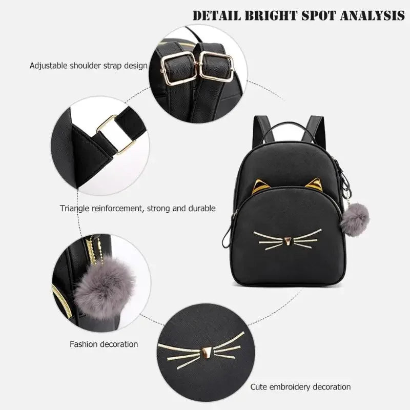 Travel Backpack Women Rucksack Teenagers 2023 Student School Bags for Girls Cartoon Cat PU Leather Satchel Black Shoulder Bag