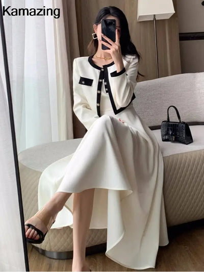 Elegant Solid Midi Dress 2 Piece Set Office Lady Chic Suit Spring Short Jacket Sleveless A-line Dresses Outfits Korean Clothes