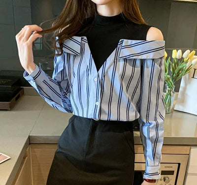 Fake Two Pieces Chiffon Silk Blouse for Women Off Shoulder Top Cool Blue Stripe Cotton Satin Shirt Woman Particular Trends Youth