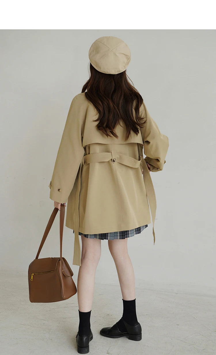 Women Spring Fall Short Trench Coat Korean Style Loose Fit Casual Khaki Jacket Petite-Friendly Versatile and Stylish Outerwear