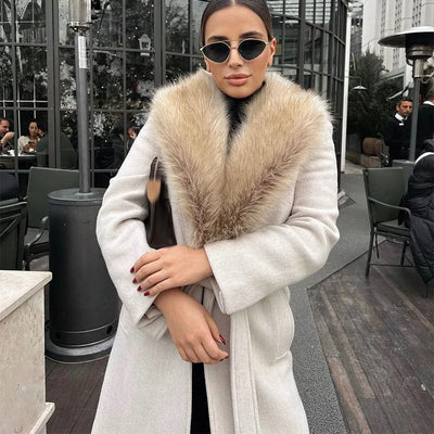 Elegant Fur Lapel Long Coat Women With Belt Woolen Full Sleeve Lace Up Loose Thicken Overcoat 2025 Spring Solid Pocket Outwear