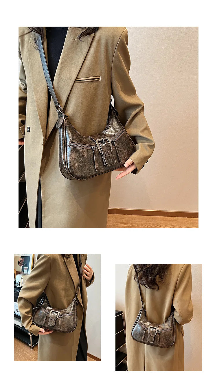 Retro Belt Design PU Leather Shoulder Bags for Women 2024 Y2K Small Vintage Female Underarm Crossbody Bag Fashion Handbags