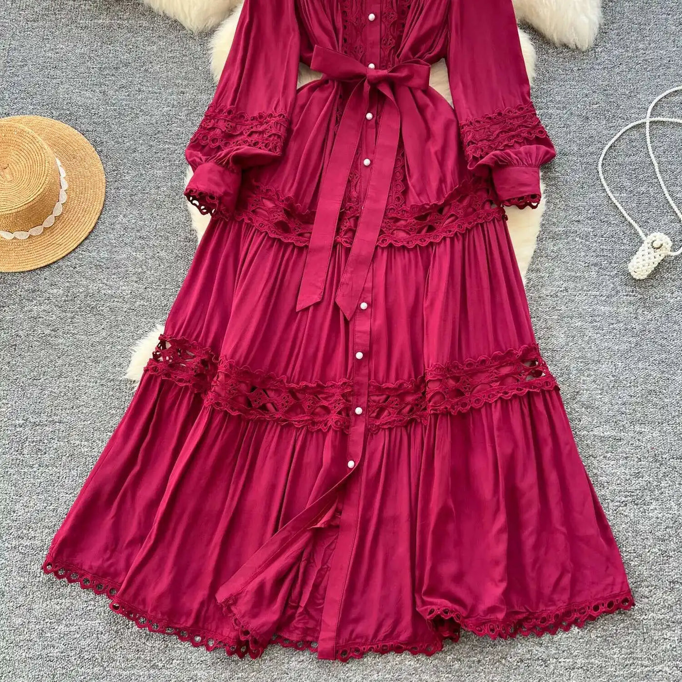 Elegant Long Maxi Hollow Out Dress Shirt Women Summer Autumn Palace Retro Pearl Button Embroidery Crochet Evening Party Vestidos