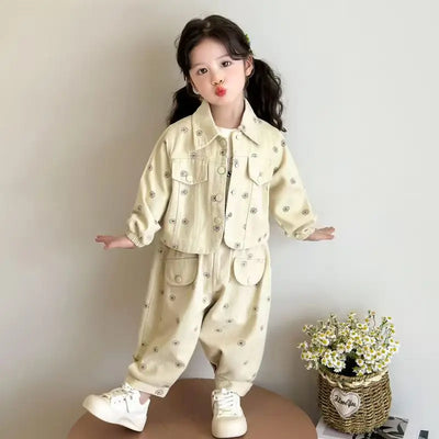 Girls Coat and Pants Two Piece Set 2025 Spring and Autumn New Korean Fashion Floral Casual Coat and Pants Two Piece Set Trend